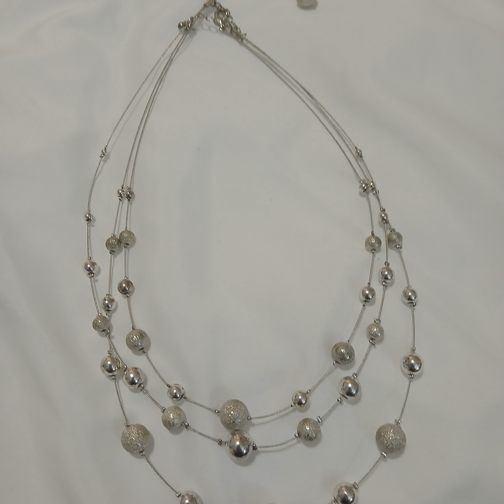 Elegant Silver Tone Beaded Strand Necklace & Earring Set W/ Sparkle